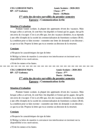 Première page de Français 6e, 5e, 4e, 4e ML, 3e, 3e ML — 1er devoir surveillé, 1er semestre (2020-2021) · CEG Lobozounkpa