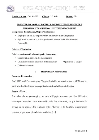 Première page de Histoire-Géographie 2nde B — 1er devoir surveillé, 2e semestre (2019-2020) · CEG ADJOVICODJI 'LES OLIVIERS'