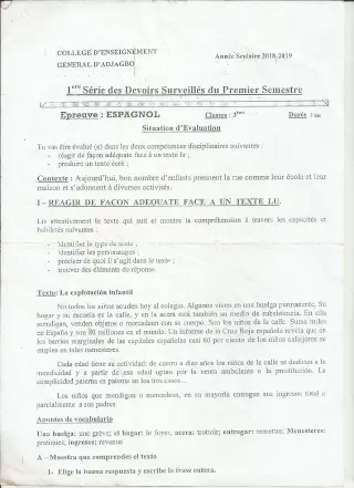 Première page de Espagnol 3e ML — 1er devoir surveillé, 1er semestre (2018-2019) · CEG ADJAGBO