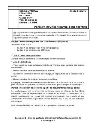 Première page de SVT 6e — 1er devoir surveillé (2019-2020) · CEG Le Littoral