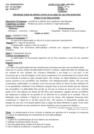 Première page de Philosophie 2nde A — 1re production scolaire, 2e semestre (2018-2019) · CEG Mèdédjonou
