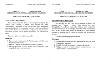 Première page de Français 6e, 5e, 4e, 4e ML, 3e, 2nde A, 2nde A2, 2nde B, 2nde C, 2nde D, 1ère A1, 1ère A2, 1ère B, 1ère C, 1ère D, Tle A1, Tle A2, Tle B, Tle C, Tle D — 1er devoir surveillé, 2e semestre (2021-2022) ·