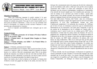 Première page de Français 1ère A1, 1ère A2, 1ère B, 1ère C, 1ère D — 3e devoir surveillé (2017-2018) · CEG1 Covè