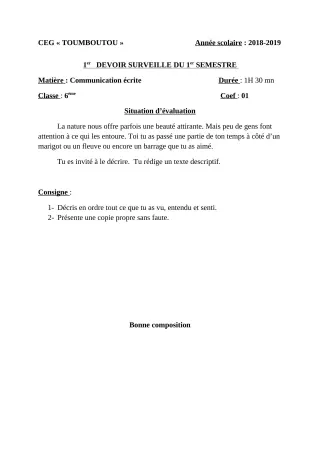Première page de Français 6e — 1er devoir surveillé, 1er semestre (2018-2019) · CEG TOUMBOUTOU