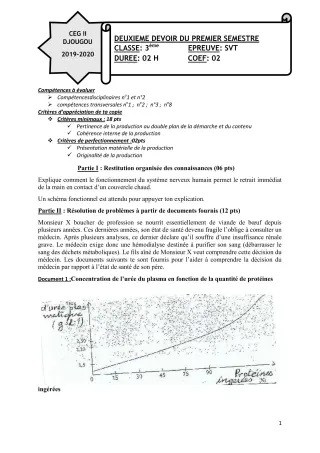 Première page de SVT 3e, 3e ML — 2e devoir surveillé, 1er semestre (2019-2020) · CEG 2 Djougou