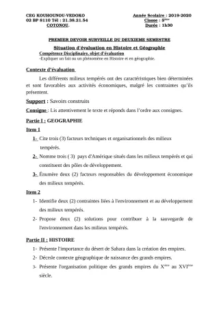 Première page de Histoire-Géographie 5e — 1er devoir surveillé, 2e semestre (2019-2020) · CEG Kouhounou-Vêdoko