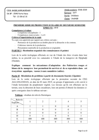 Première page de SVT 2nde A, 2nde B — 1re production scolaire, 2e semestre (2018-2019) · CEG AGBLANGANDAN