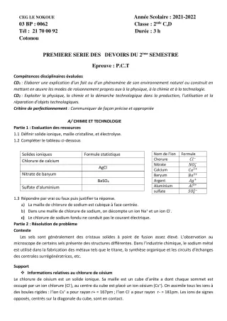 Première page de PCT 2nde C, 2nde D — 1er devoir surveillé, 2e semestre (2021-2022) · CEG LE NOKOUE