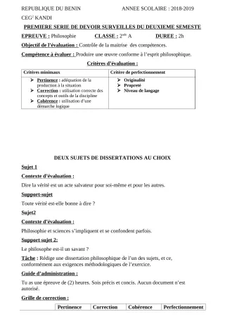 Première page de Philosophie 2nde A — 1er devoir surveillé (2018-2019) · CEG 2 KANDI