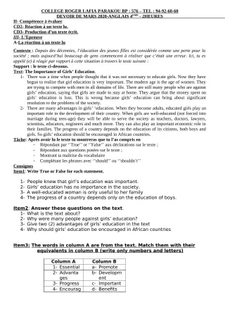 Première page de Anglais 4e — Devoir surveillé (2019-2020) · CPEG Roger LAFIA