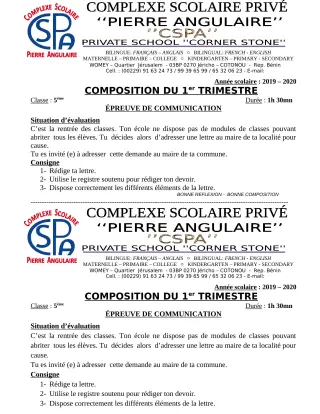 Première page de Français 5e — Composition (2019-2020) · CPEG PIERRE ANGULAIRE