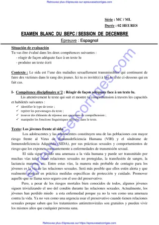 Première page de BEPC 2026 – Espagnol, Bepc blanc décembre 2025 (compréhension, VIHSIDA et production écrite)