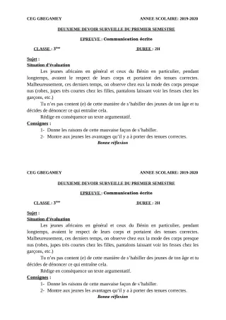 Première page de Français 3e, 3e ML — 2e devoir surveillé, 1er semestre (2019-2020) · CEG GBEGAMEY