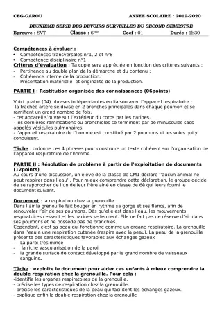 Première page de SVT 6e — 2e devoir surveillé, 2e semestre (2019-2020) · CEG GAROU