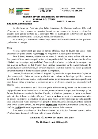 Première page de Français 4e — 1er devoir surveillé, 2e semestre (2023-2024) · CEG SEKERE
