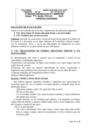 Première page de Espagnol Tle A1, Tle A2 — 1er devoir surveillé, 2e semestre (2021-2022) · CEG ZONGO