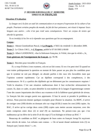 Première page de Français Tle A1, Tle B, Tle C, Tle D — 1er devoir surveillé, 1er semestre (2023-2024) · CEG Yagbe