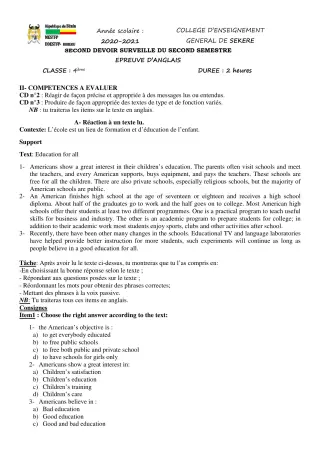 Première page de Anglais 4e — 2e devoir surveillé, 2e semestre (2020-2021) · CEG SEKERE