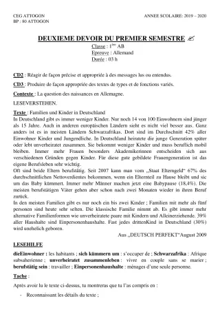 Première page de Allemand 1ère A & B, 1ère A1, 1ère A2, 1ère B — 2e devoir surveillé, 1er semestre (2019-2020) · CEG Attogon