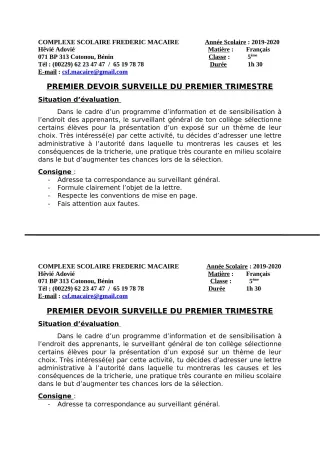 Première page de Français 5e, 4e — 1er devoir surveillé, 1er trimestre (2019-2020) · CPEG Frédéric Macaire