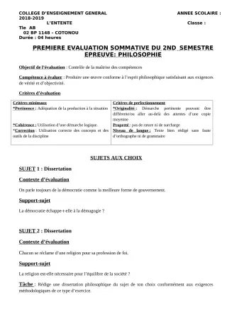 Première page de Philosophie Tle A2, Tle B — 1re évaluation sommative, 2e semestre (2018-2019) · CEG L'Entente