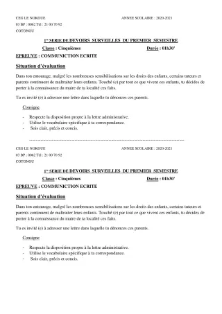 Première page de SVT 5e — 1er devoir surveillé, 1er semestre (2020-2021) · CEG LE NOKOUE