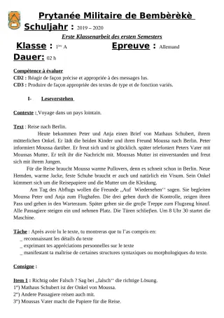 Première page de Devoir surveillé de ALLEMAND — 1ère A1, 1ère A2 — PMB (2019)