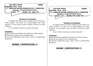 Première page de Français 6e, 5e, 4e, 4e ML, 3e, 3e ML — 2e devoir surveillé, 1er semestre (2018-2019) · CEG BIRO