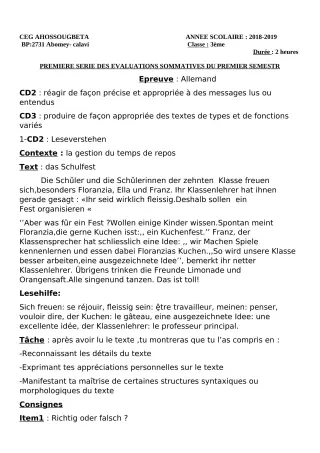 Première page de Allemand 3e ML — 1re évaluation sommative (2018-2019) · CEG Ahossougbéta