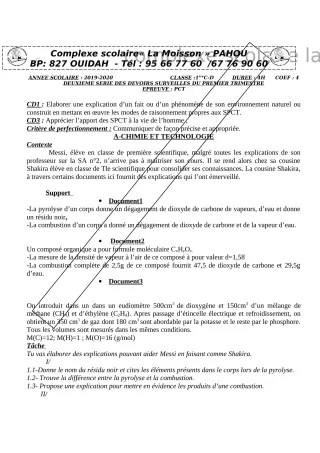 Première page de PCT 1ère C, 1ère D — 2e devoir surveillé, 1er trimestre (2019-2020) · CPEG La Moisson