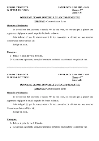 Première page de Français 4e ML&MC — 2e devoir surveillé, 2e semestre (2019-2020) · CEG L'Entente