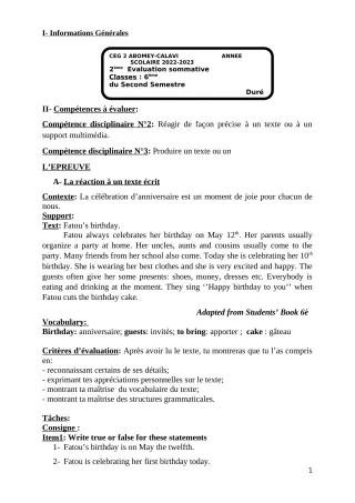 Première page de Anglais 6e — 2e évaluation sommative, 2e semestre (2022-2023) · CEG2 ABOMEY - CALAVI (CEG ZOCA)