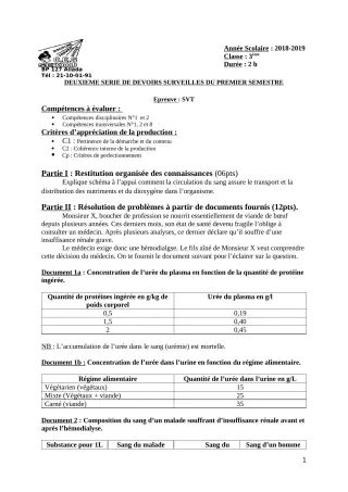 Première page de SVT 3e, 3e ML — 2e devoir surveillé, 1er semestre (2018-2019) · CEG Sékou