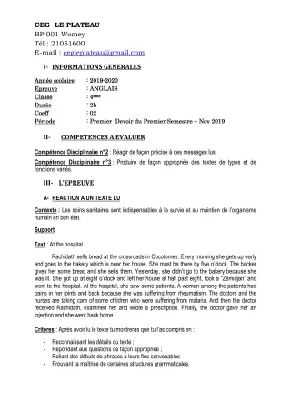 Première page de Anglais 4e, 4e ML — 1er devoir surveillé, 1er semestre (2019-2020) · CEG Le Plateau