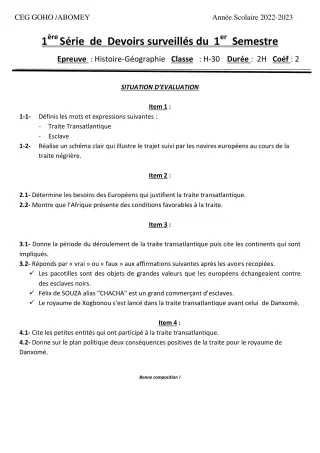 Première page de Histoire-Géographie 4e — 1er devoir surveillé, 1er semestre (2022-2023) · CEG GOHO
