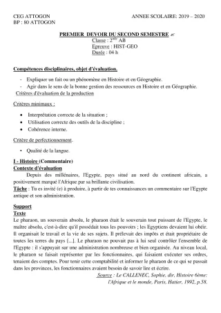 Première page de Histoire-Géographie 2nde A & B, 2nde A1, 2nde A2, 2nde B — 1er devoir surveillé, 2e semestre (2019-2020) · CEG Attogon