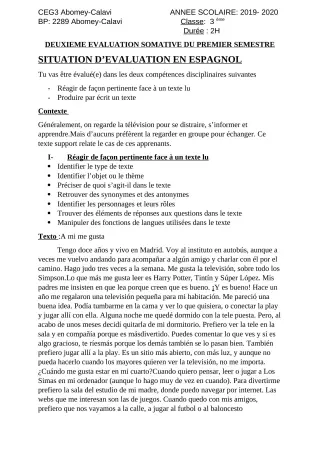 Première page de Espagnol 4e ML, 3e ML — 1er semestre (2019-2020) · CEG3 ABOMEY CALAVI