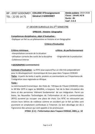 Première page de Histoire-Géographie 1ère A2, 1ère B, 1ère EFS — 1er devoir surveillé, 2e semestre (2019-2020) · CEG2 Godomey