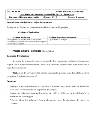 Première page de Histoire-Géographie 1ère D — 1er devoir surveillé (2020-2021) · CEG SEKERE