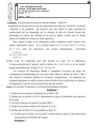 Première page de Mathématiques 1ère C — 2e devoir surveillé, 1er semestre (2019-2020) · CEG 1 Akpakpa-Centre