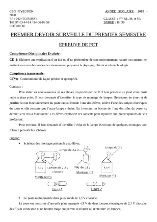 Première page de PCT 6e — 1er devoir surveillé, 1er semestre (2019-2020) · CEG FIYEGNON