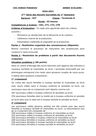 Première page de SVT Tle D — 2e devoir surveillé, 1er semestre (2020-2021) · CEG ZONGO