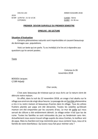 Première page de Français 5e — 1er devoir surveillé, 1er semestre (2018-2019) · CEG du Lac