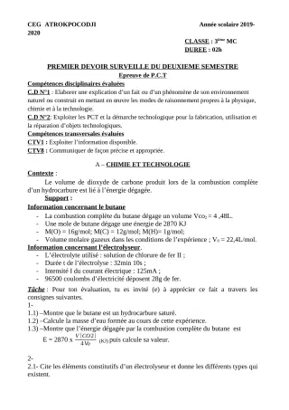 Première page de PCT 3e — 1er devoir surveillé, 2e semestre (2019-2020) · CEG ATROKPOCODJI