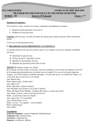 Première page de Espagnol 4e ML — Devoir surveillé, 2e semestre (2018-2019) · CEG Gbegourou