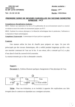 Première page de PCT 6e — 1er devoir surveillé, 2e semestre (2018-2019) · CEG du Lac