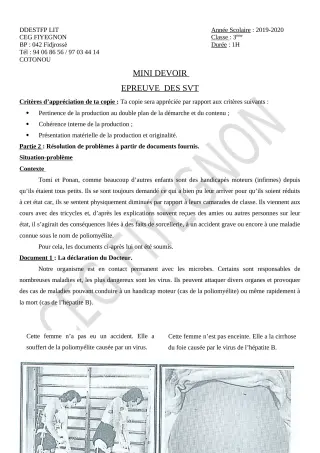 Première page de SVT 3e, 3e ML — 1er devoir surveillé (2019-2020) · CEG FIYEGNON