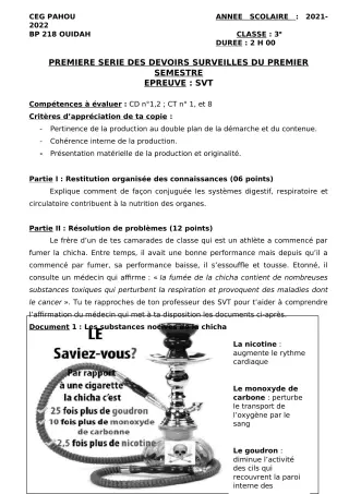 Première page de SVT 3e — 1er devoir surveillé, 1er semestre (2021-2022) · CEG PAHOU