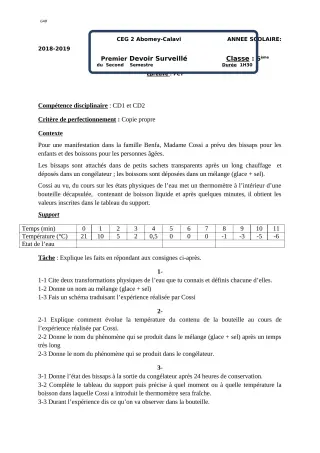 Première page de PCT 6e — 1er devoir surveillé (2018-2019) · CEG2 ABOMEY - CALAVI (CEG ZOCA)