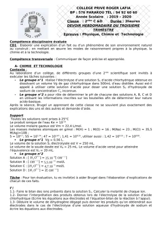 Première page de PCT 2nde D — Devoir surveillé, 3e trimestre (2019-2020) · CPEG Roger LAFIA
